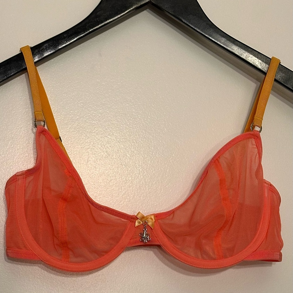 LOUNGE Radiant Mesh Underwire Bra, Size 34D, Coral And Yellow